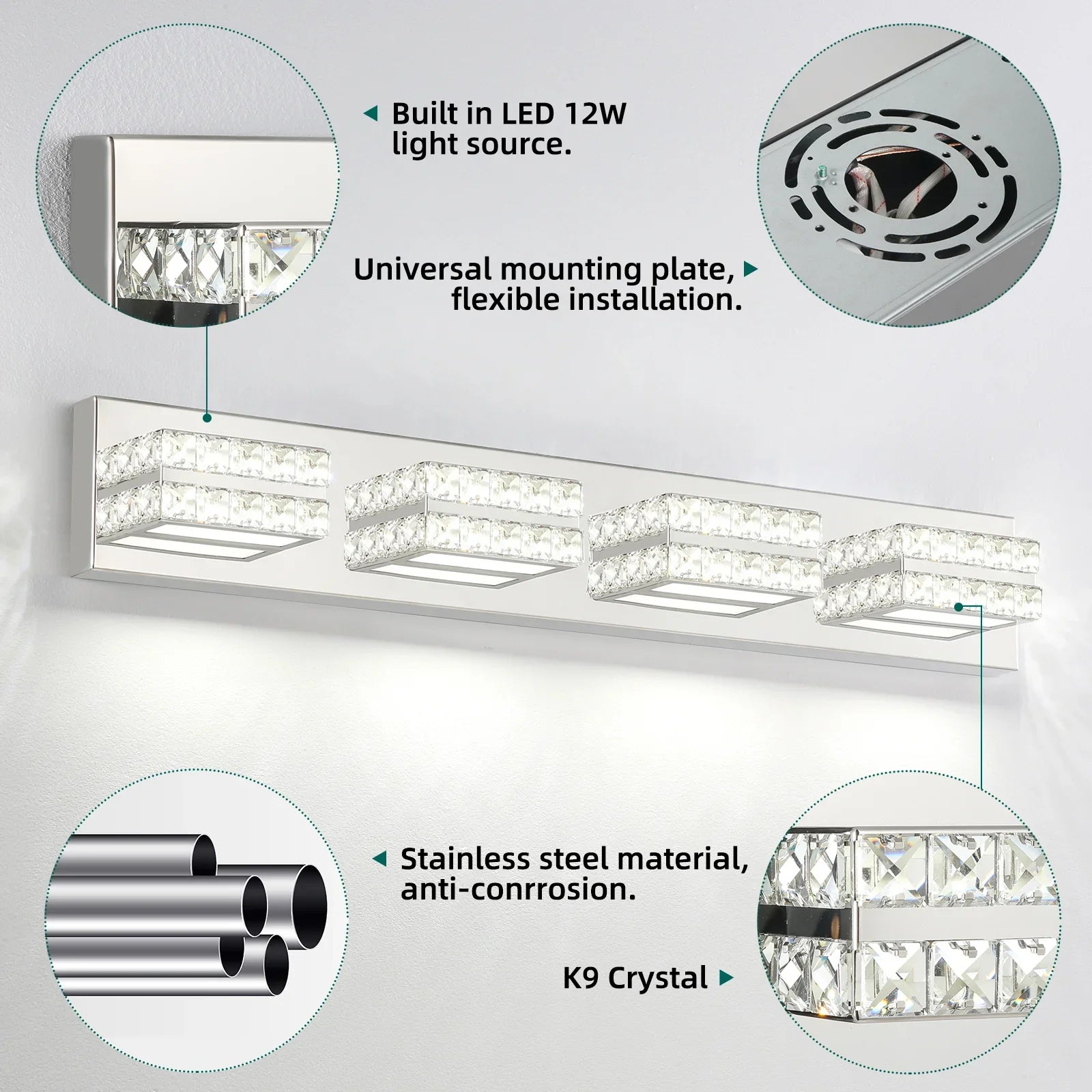 Bathroom Crystal Vanity Light Fixture LED Modern Indoor Mirror Front Lamp Dimmable 4-Lights - okeli lights