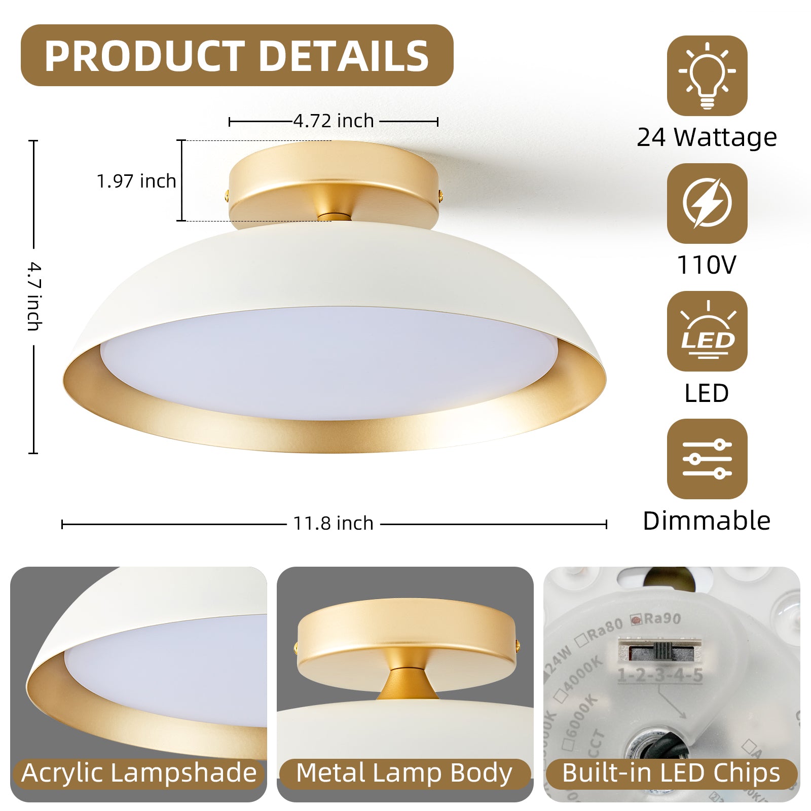 OKELI Dimmable LED Ceiling Light Fixture, 5CCT Modern Semi Flush Mount Ceiling Light 2700K-6000K