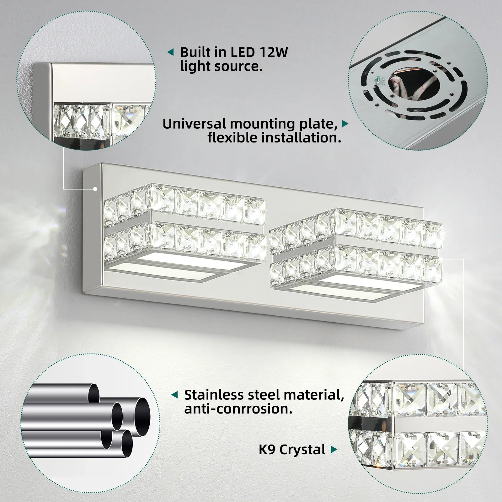 Crystal Bathroom Lighting Fixtures Over Mirror 2Light Chrome Modern Vanity Wall Light - okeli lights