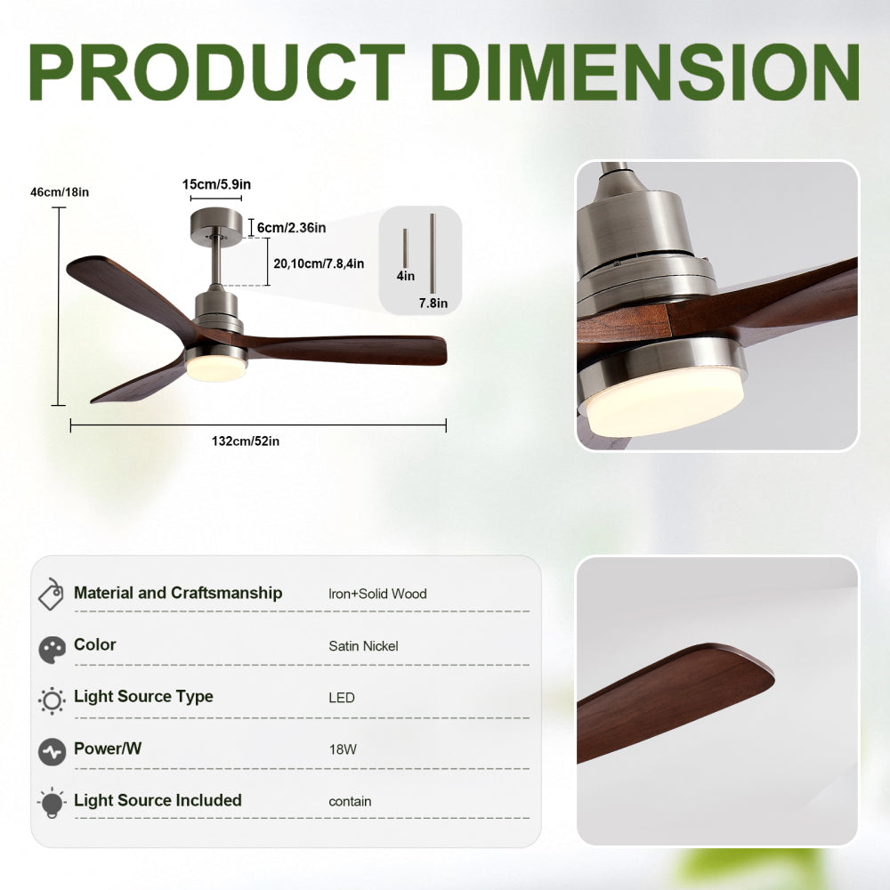 52-Inch Modern Ceiling Fan with Light, 3-Blade DC Motor Ceiling Fan with Remote Control, 6 Speeds, 3 CCT, Brushed Nickel & Black