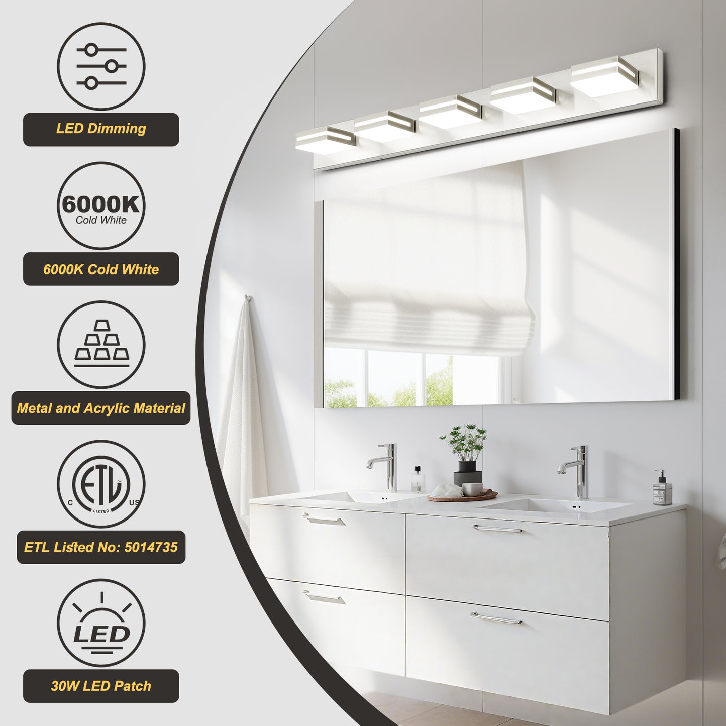 5-Light Bathroom Vanity Modern LED Light Over Mirror Dimmable Mirror Front Lighting