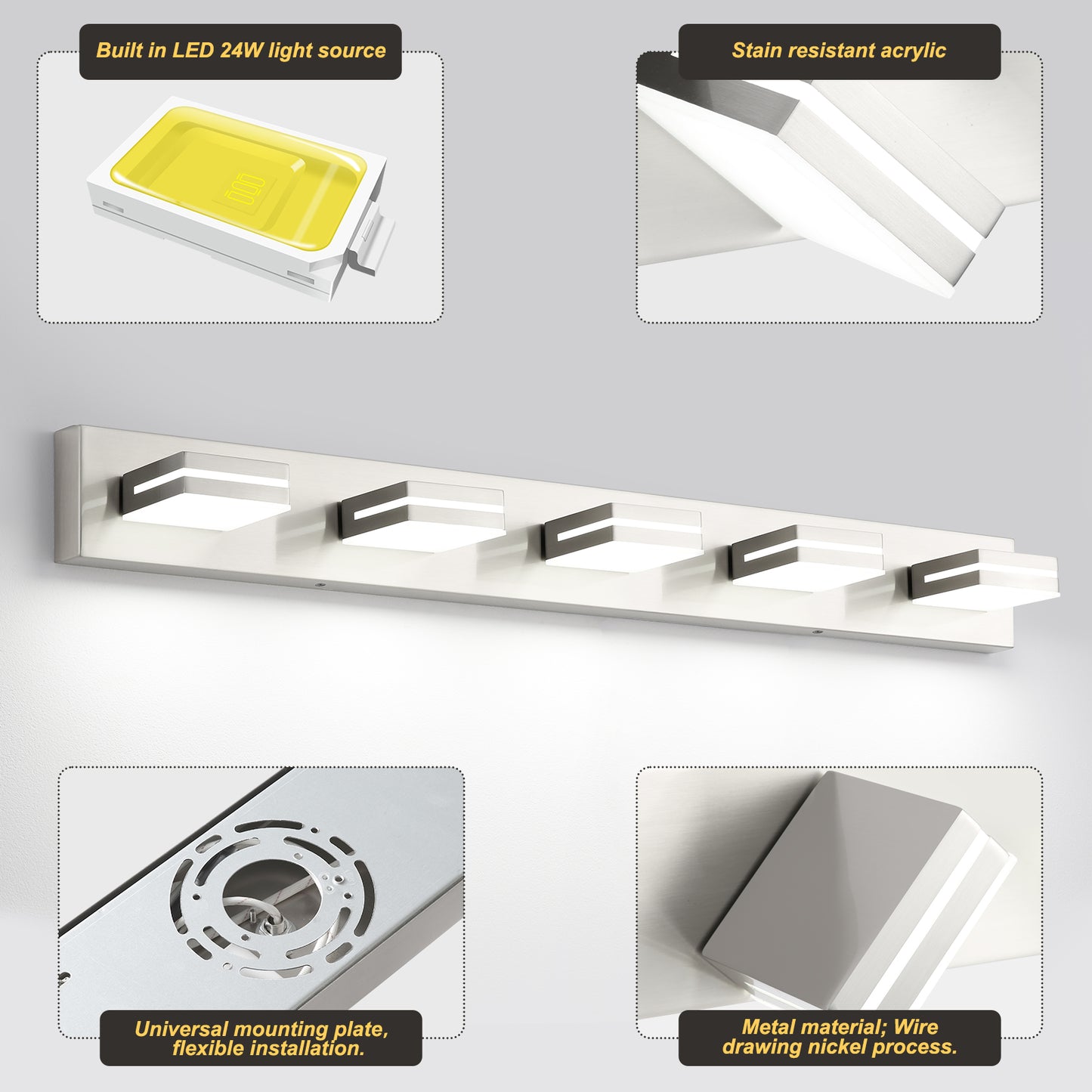 5-Light Bathroom Vanity Modern LED Light Over Mirror Dimmable Mirror Front Lighting