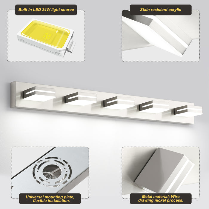 5-Light Bathroom Vanity Modern LED Light Over Mirror Dimmable Mirror Front Lighting