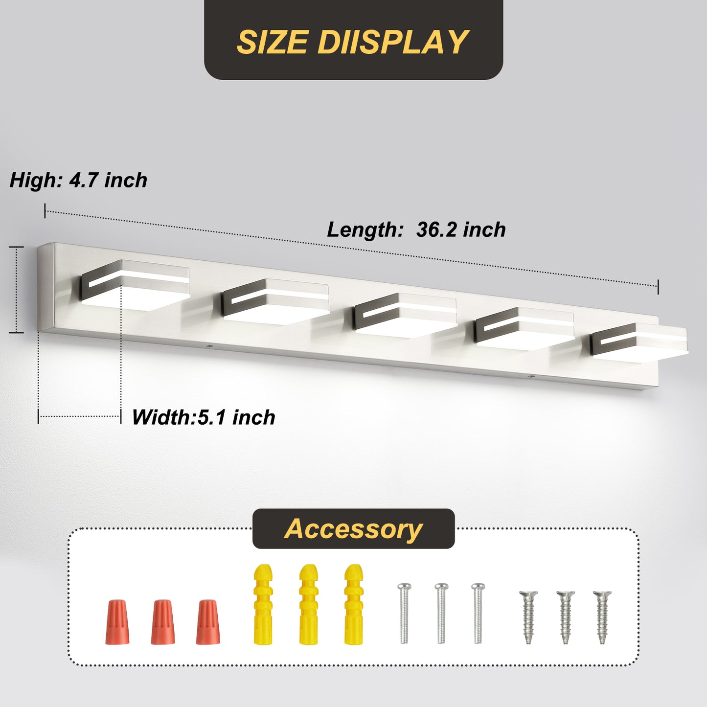 5-Light Bathroom Vanity Modern LED Light Over Mirror Dimmable Mirror Front Lighting