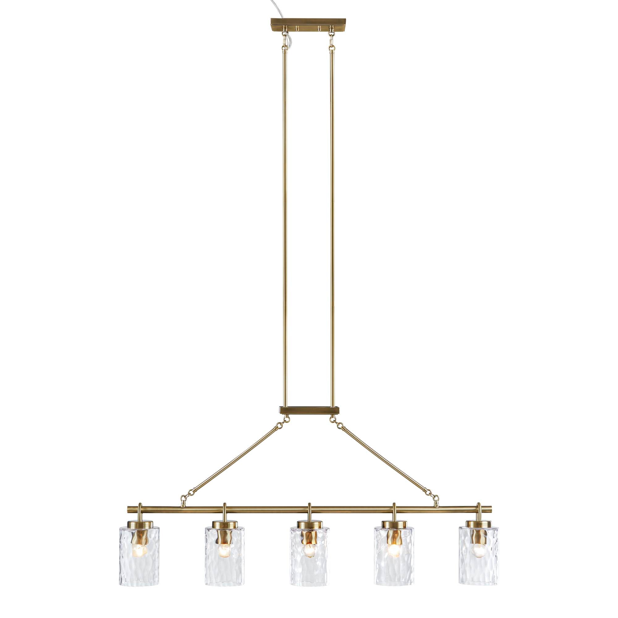 5-Light Linear Chandelier with Textured Glass Shades Transitional Antique Brass Dining Room & Kitchen Island Lighting