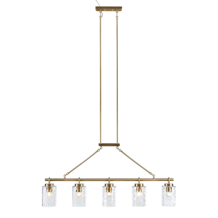 5-Light Linear Chandelier with Textured Glass Shades Transitional Antique Brass Dining Room & Kitchen Island Lighting