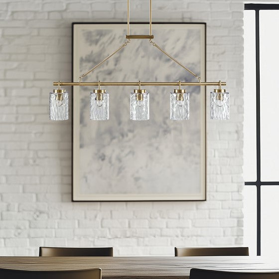 5-Light Linear Chandelier with Textured Glass Shades Transitional Antique Brass Dining Room & Kitchen Island Lighting