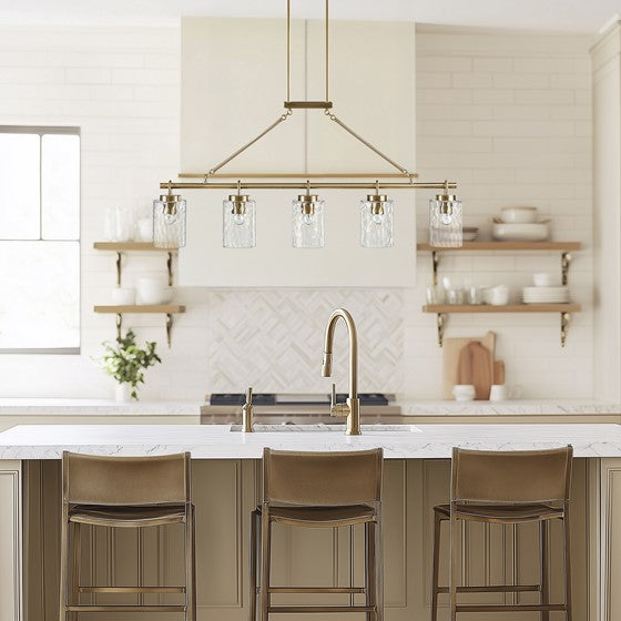 5-Light Linear Chandelier with Textured Glass Shades Transitional Antique Brass Dining Room & Kitchen Island Lighting