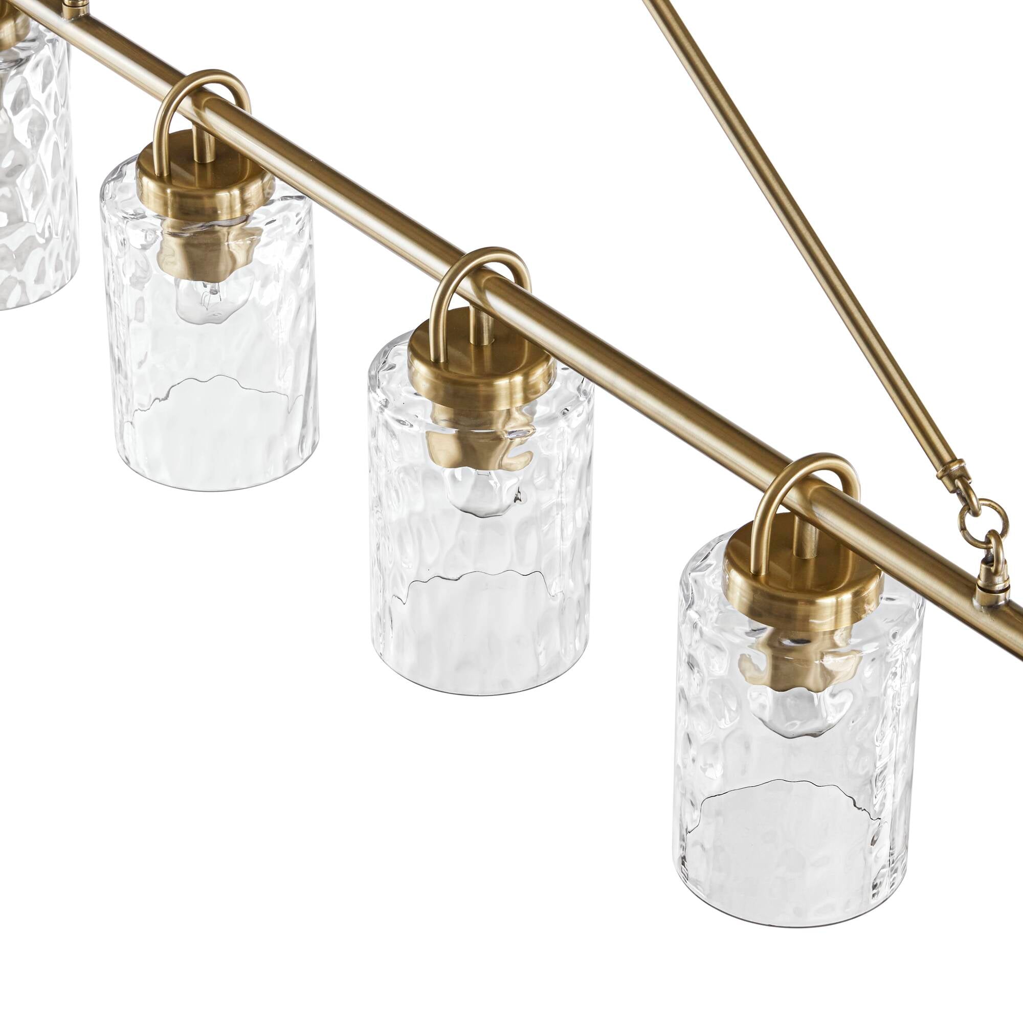 5-Light Linear Chandelier with Textured Glass Shades Transitional Antique Brass Dining Room & Kitchen Island Lighting