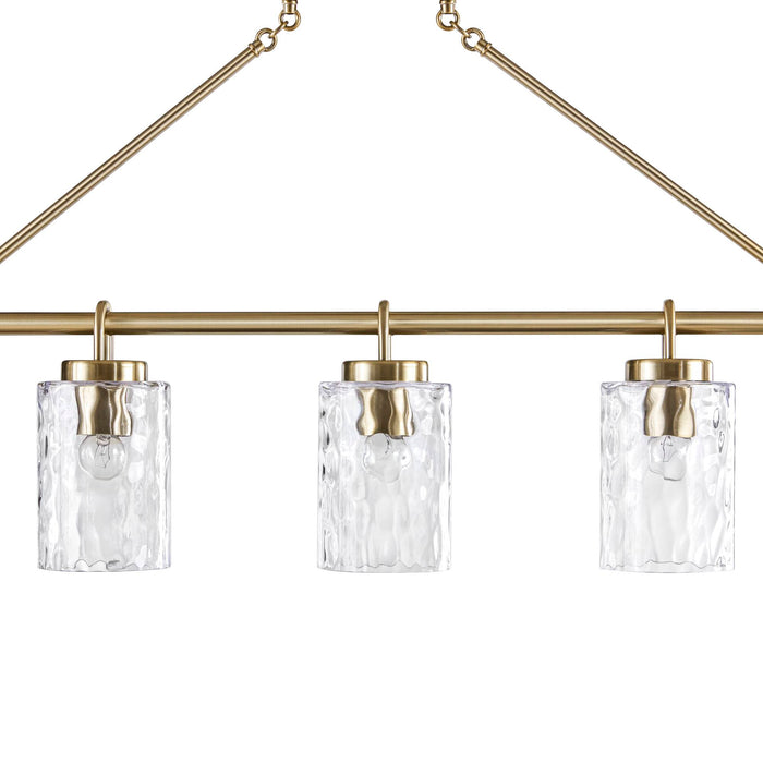 5-Light Linear Chandelier with Textured Glass Shades Transitional Antique Brass Dining Room & Kitchen Island Lighting