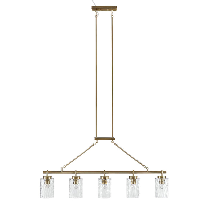 5-Light Linear Chandelier with Textured Glass Shades Transitional Antique Brass Dining Room & Kitchen Island Lighting