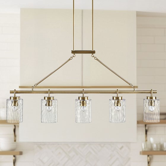 5-Light Linear Chandelier with Textured Glass Shades Transitional Antique Brass Dining Room & Kitchen Island Lighting
