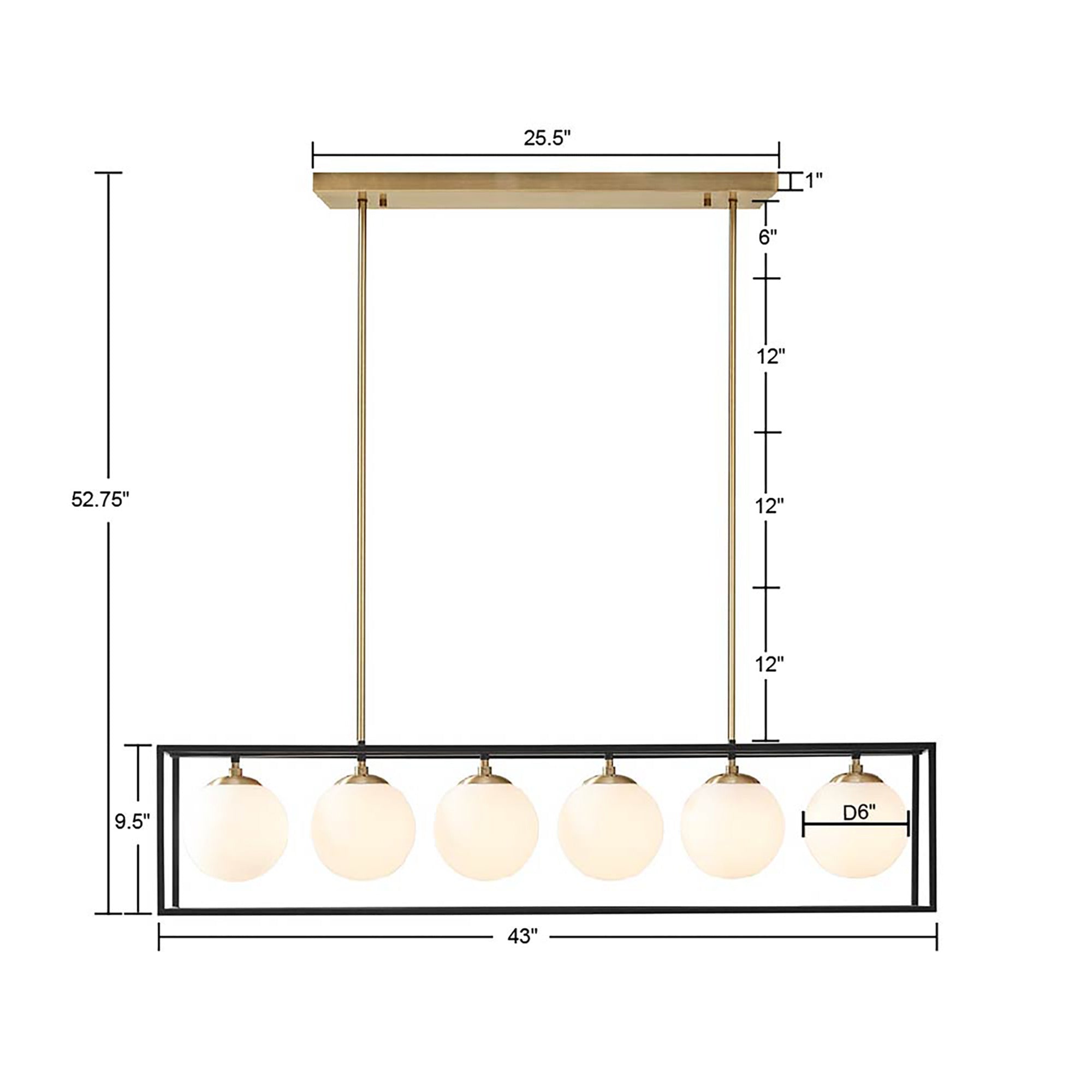 6-Light Linear Glass Globe Chandelier Industrial Vintage Brass Dining Room & Kitchen Island Pendant Lighting