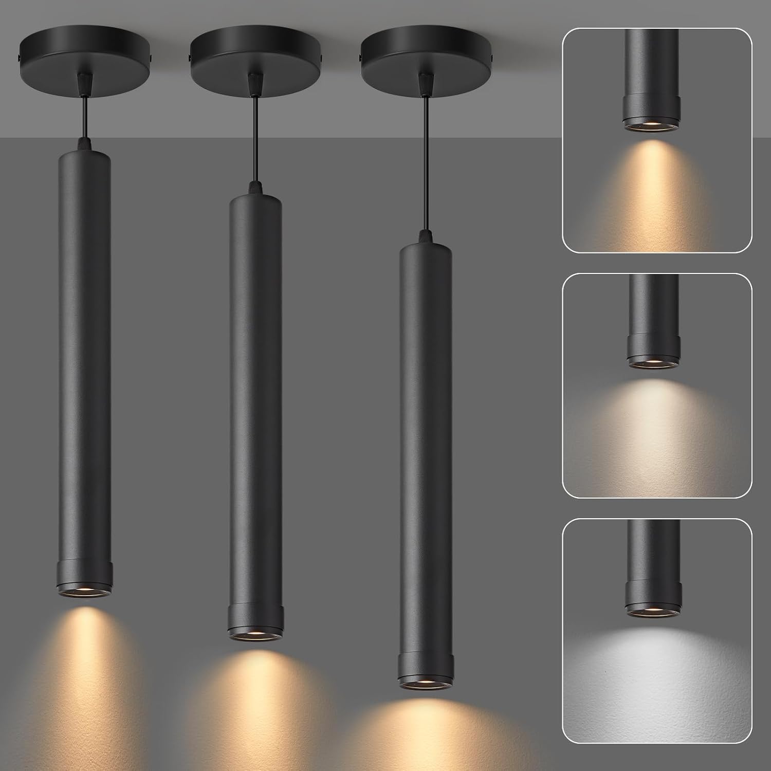 OKELI Black LED Pendant Light, 3CCT Dimmable Hanging Light with Adjustable Beam Angle, 7W Modern Cylinder Pendant