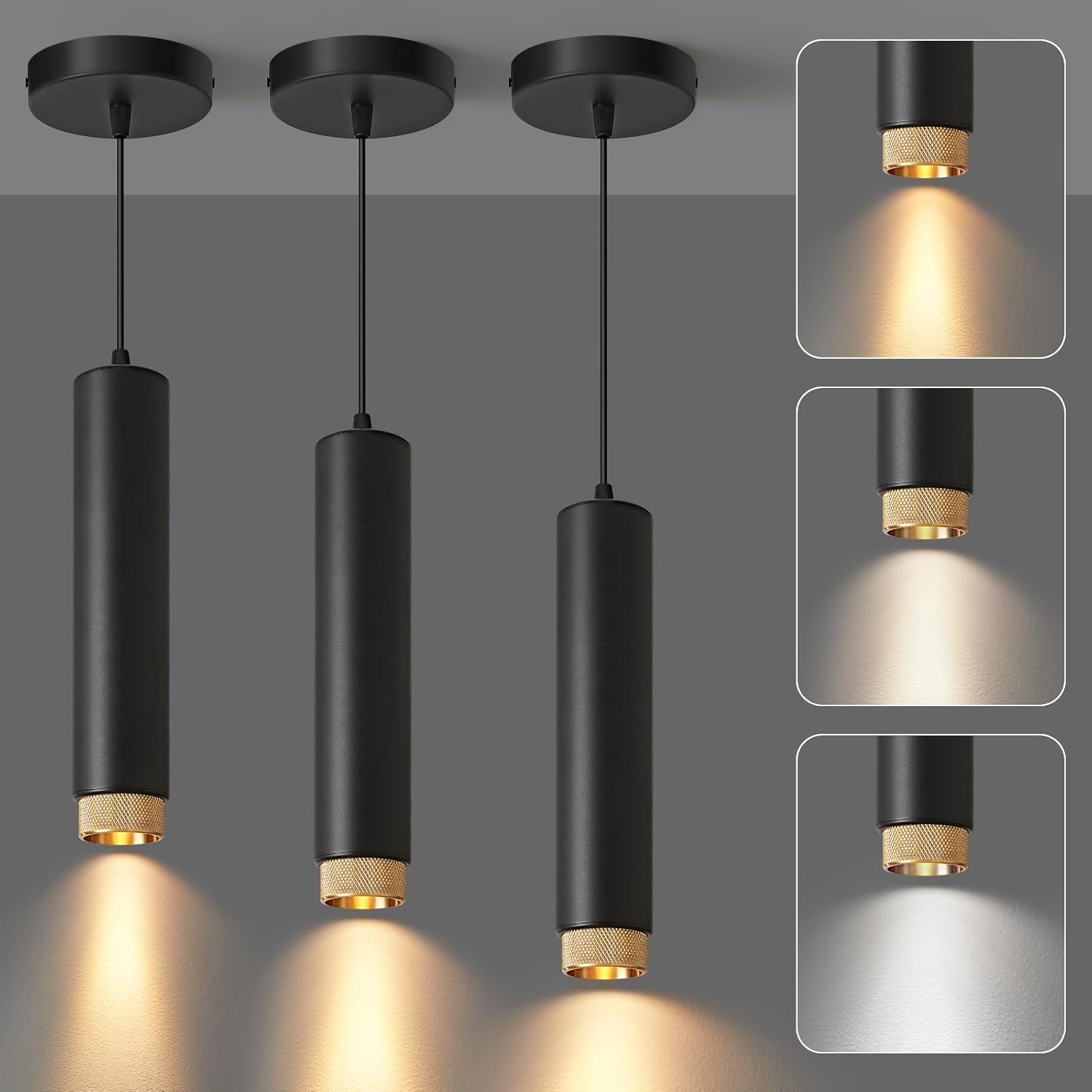 OKELI Black LED Pendant Light, 3CCT Dimmable Hanging Light with Adjustable Beam Angle, 7W Modern Cylinder Pendant