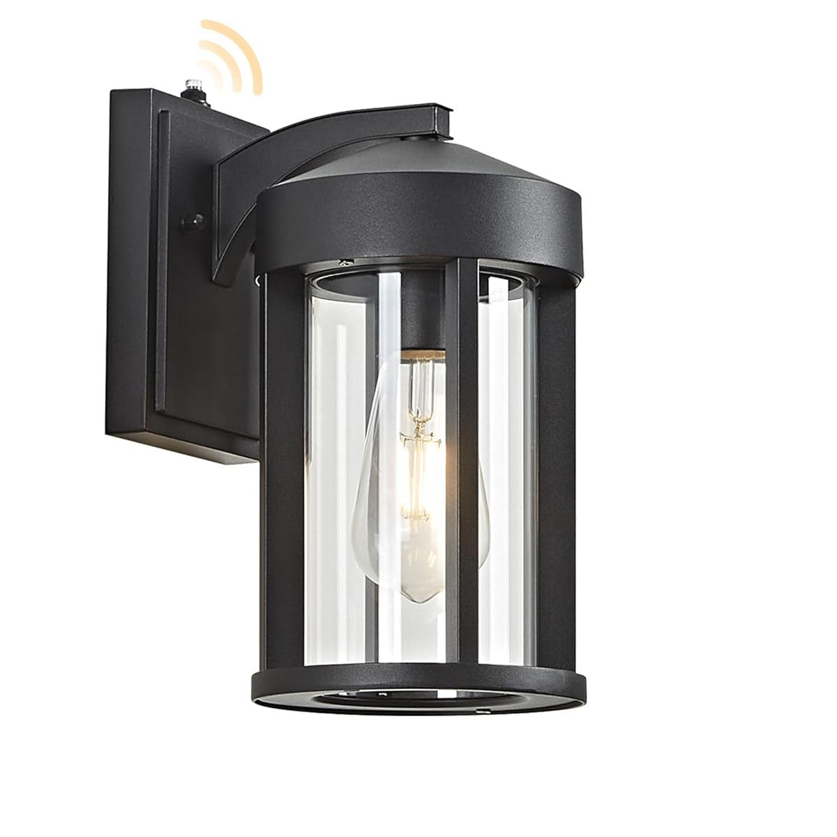 Black outdoor wall light fixture with clear glass cover on a white background