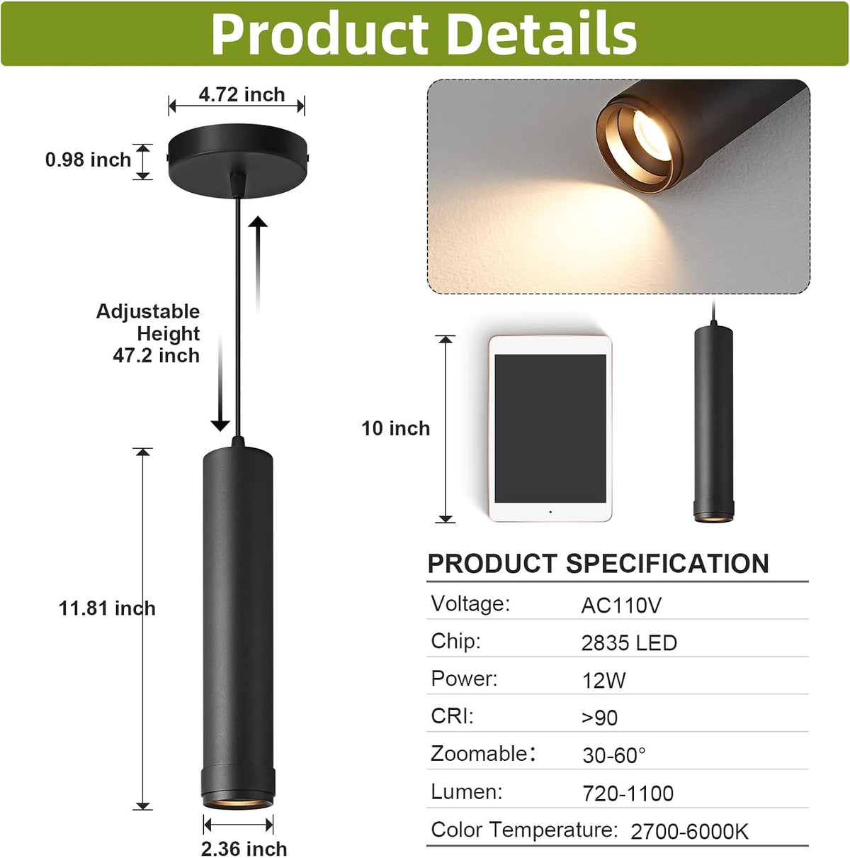 OKELI Black LED Pendant Light, 3CCT Dimmable Hanging Light with Adjustable Beam Angle, 7W Modern Cylinder Pendant