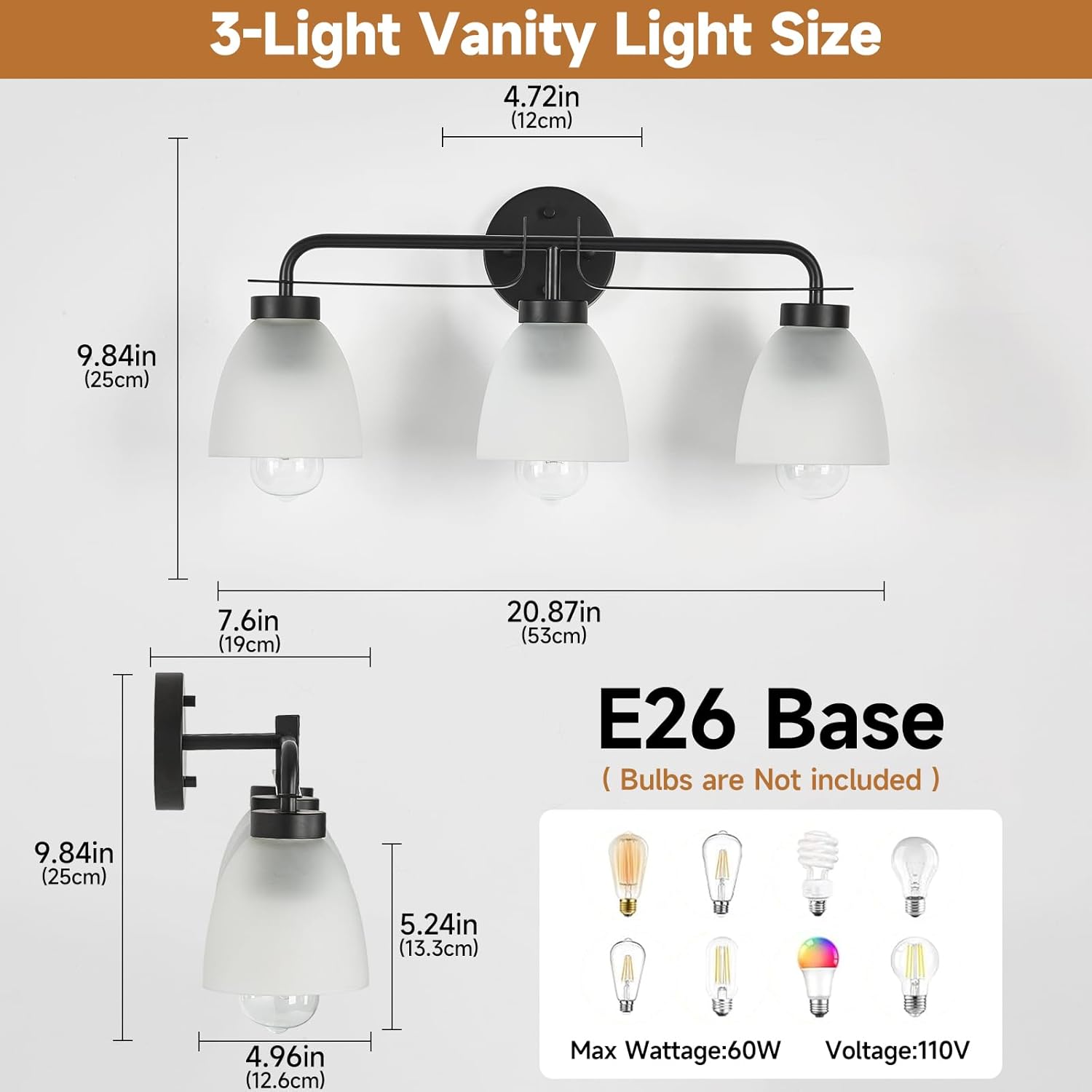 Mid-Century Modern Bathroom Vanity Light Wall Sconce with Frosted White Glass Shades E26 Base