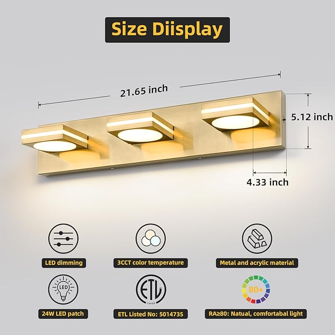 OKELI 3-Light LED Bathroom Vanity Light Fixtures, Gold Modern Bathroom Wall Lighting Fixtures Over Mirror (3CCT, 3000K-6000K)