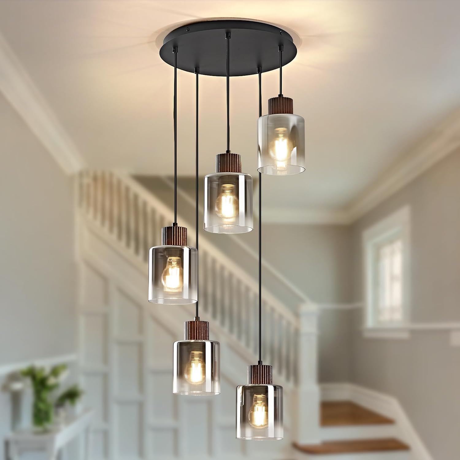 Modern Pendant Light Fixture Black Walnut Wood Chandelier Gray Gradient Glass Shade Kitchen Island Hanging