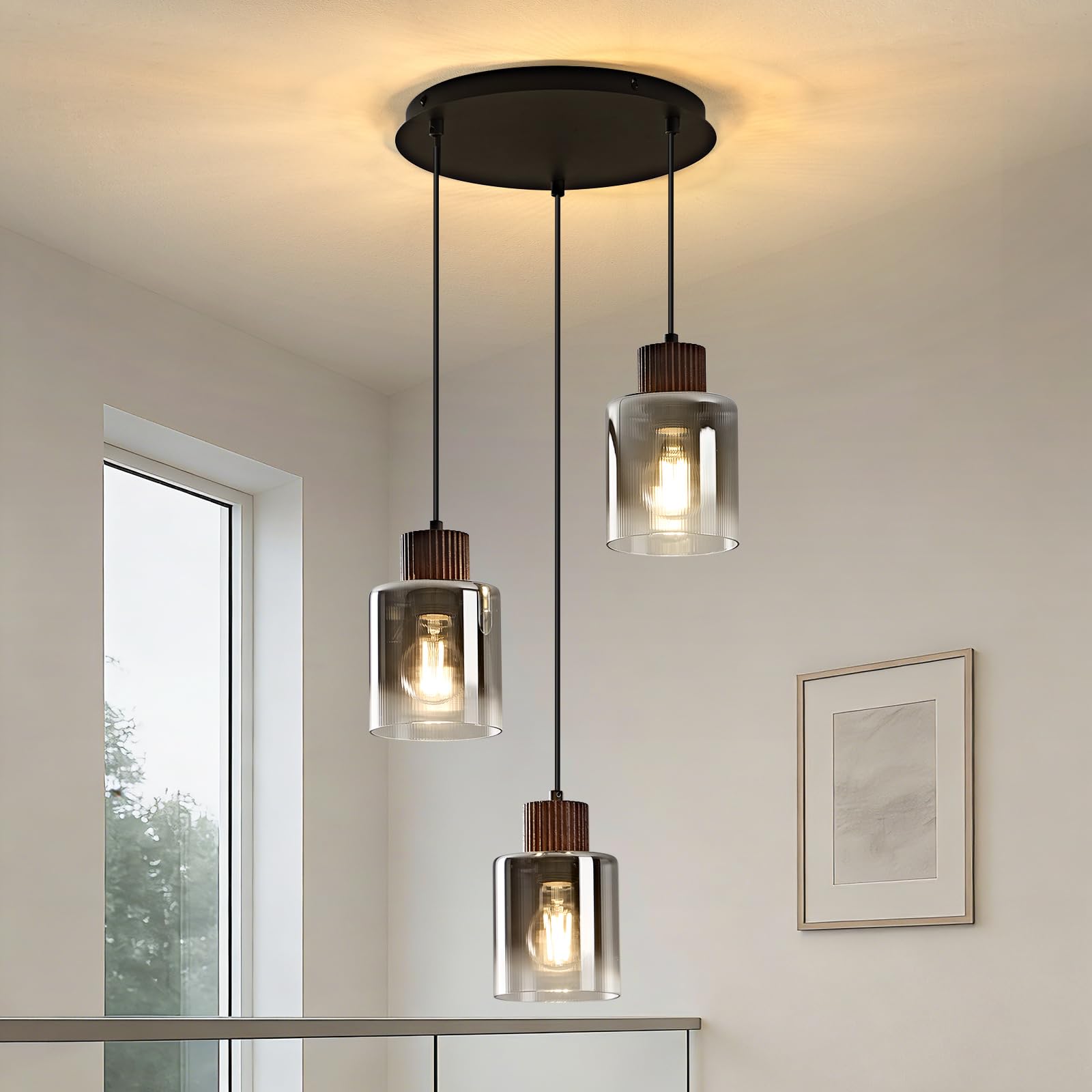 Modern Pendant Light Fixture Black Walnut Wood Chandelier Gray Gradient Glass Shade Kitchen Island Hanging