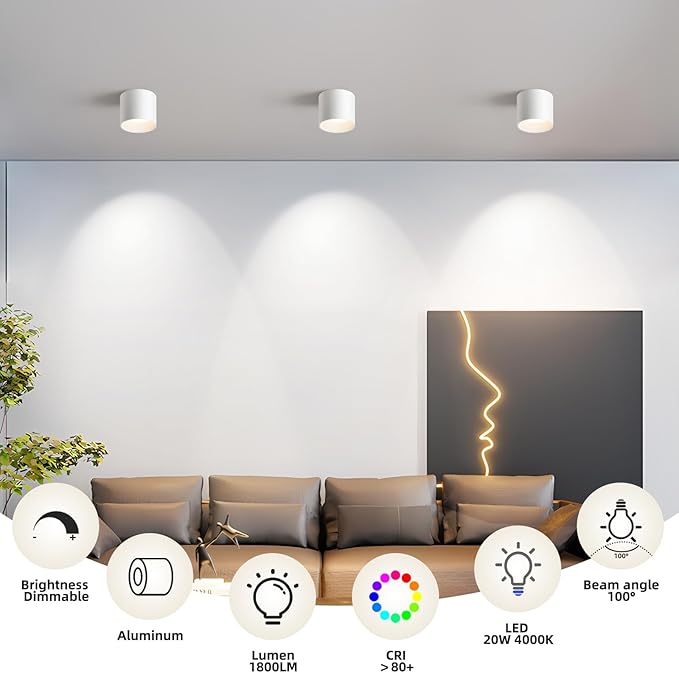 OKELI Ceiling Light Fixtures White Hallway Flush Mount 4.6" Cylinder 20W 4000K 3Pack Modern LED Dimmable