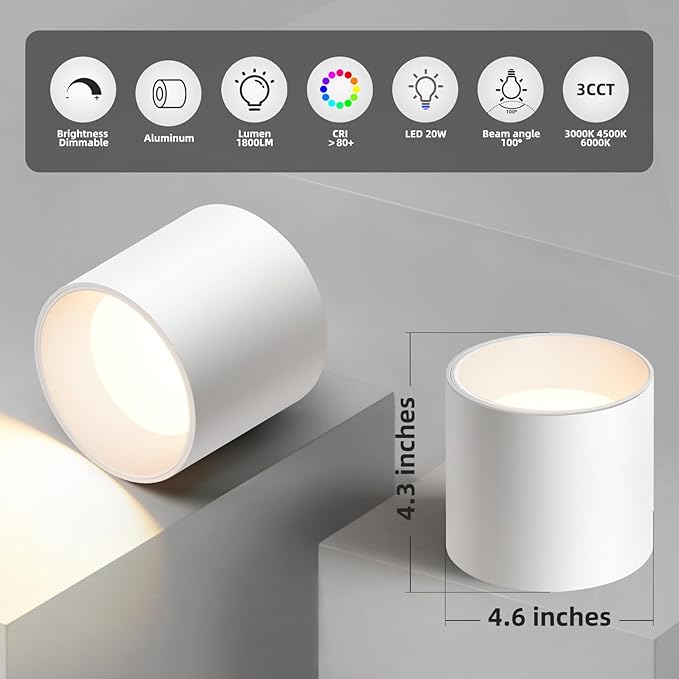 White cylindrical light fixtures with specifications on a gray background