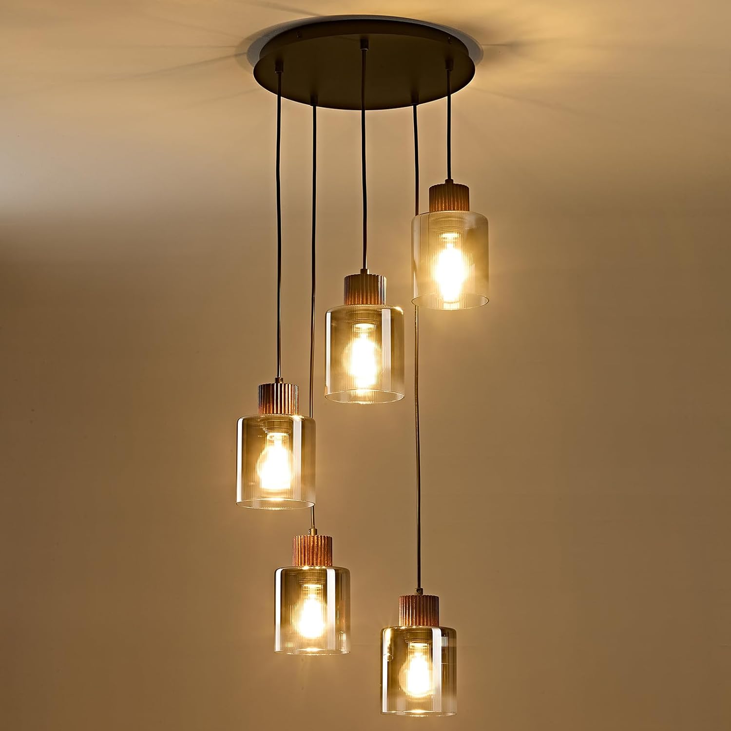 Modern Pendant Light Fixture Black Walnut Wood Chandelier Gray Gradient Glass Shade Kitchen Island Hanging