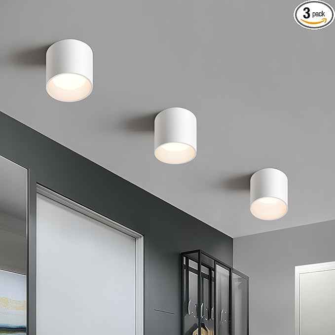 OKELI White Hallway Flush Mount Ceiling Light Fixtures , Modern LED Dimmable Close to Ceiling Lighting, 4.6'' Cylinder Ceiling Lamps for Dining Room Living Room, 20W 4000K 3 Pack