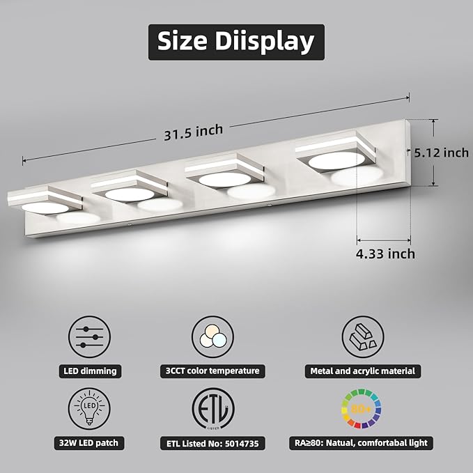OKELI LED Modern Bathroom Vanity Light Fixtures Brushed Nickel Acrylic Wall Lighting Fixtures Over Mirror 3CCT ETL Listed Dimmable 3-4-Light