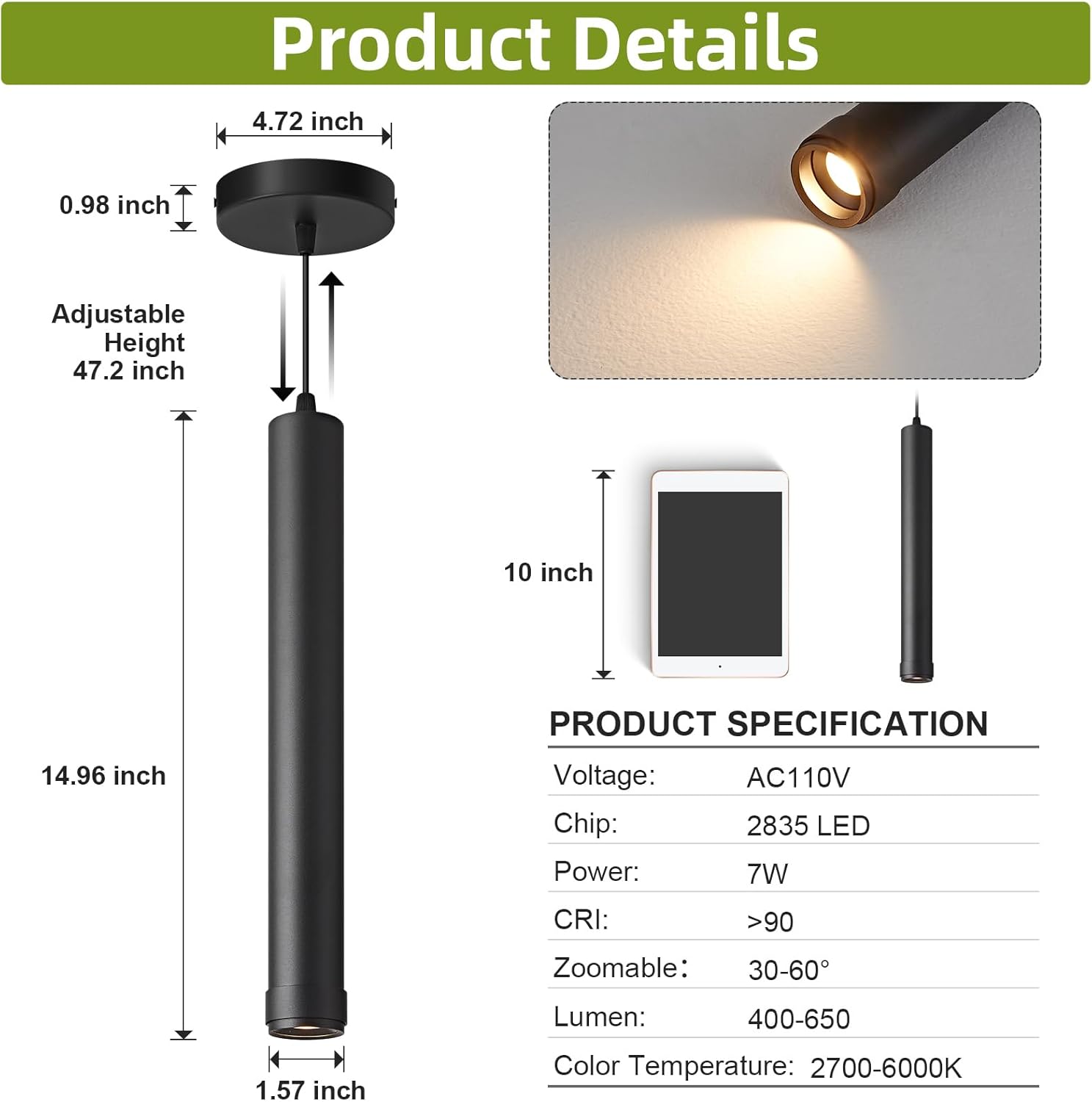 OKELI Black LED Pendant Light, 3CCT Dimmable Hanging Light with Adjustable Beam Angle, 7W Modern Cylinder Pendant