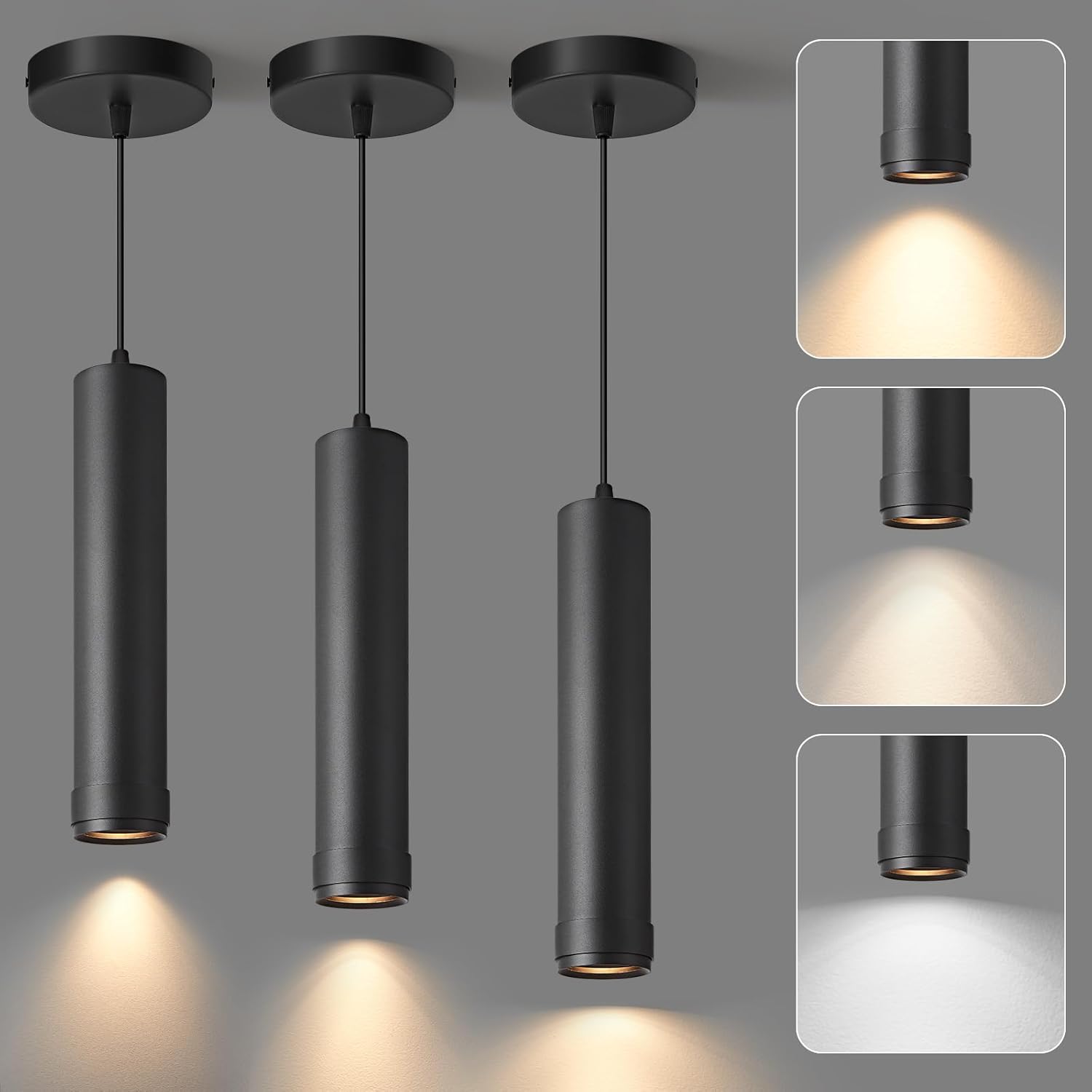 OKELI Black LED Pendant Light, 3CCT Dimmable Hanging Light with Adjustable Beam Angle, 7W Modern Cylinder Pendant