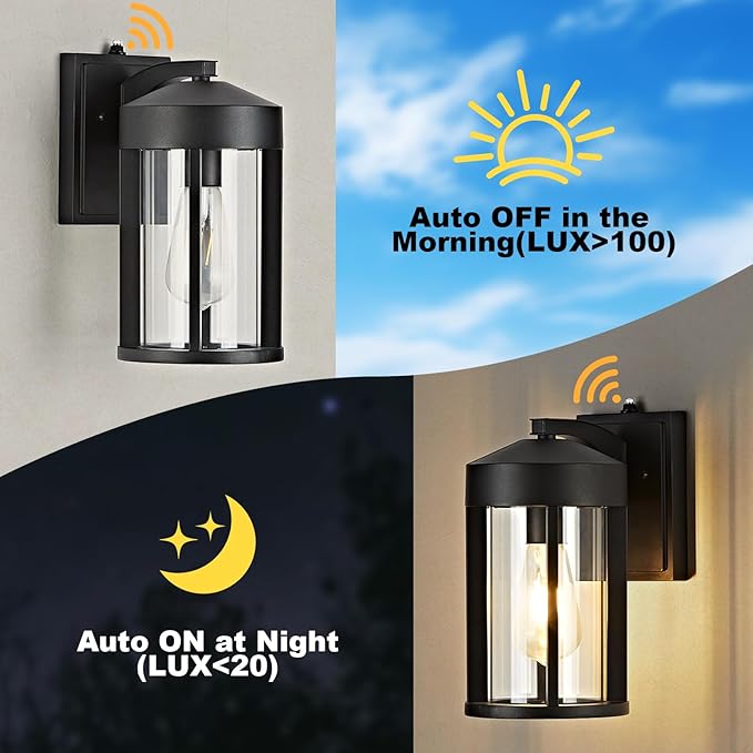 Outdoor wall light fixture with auto-on/auto-off features shown during day and night.