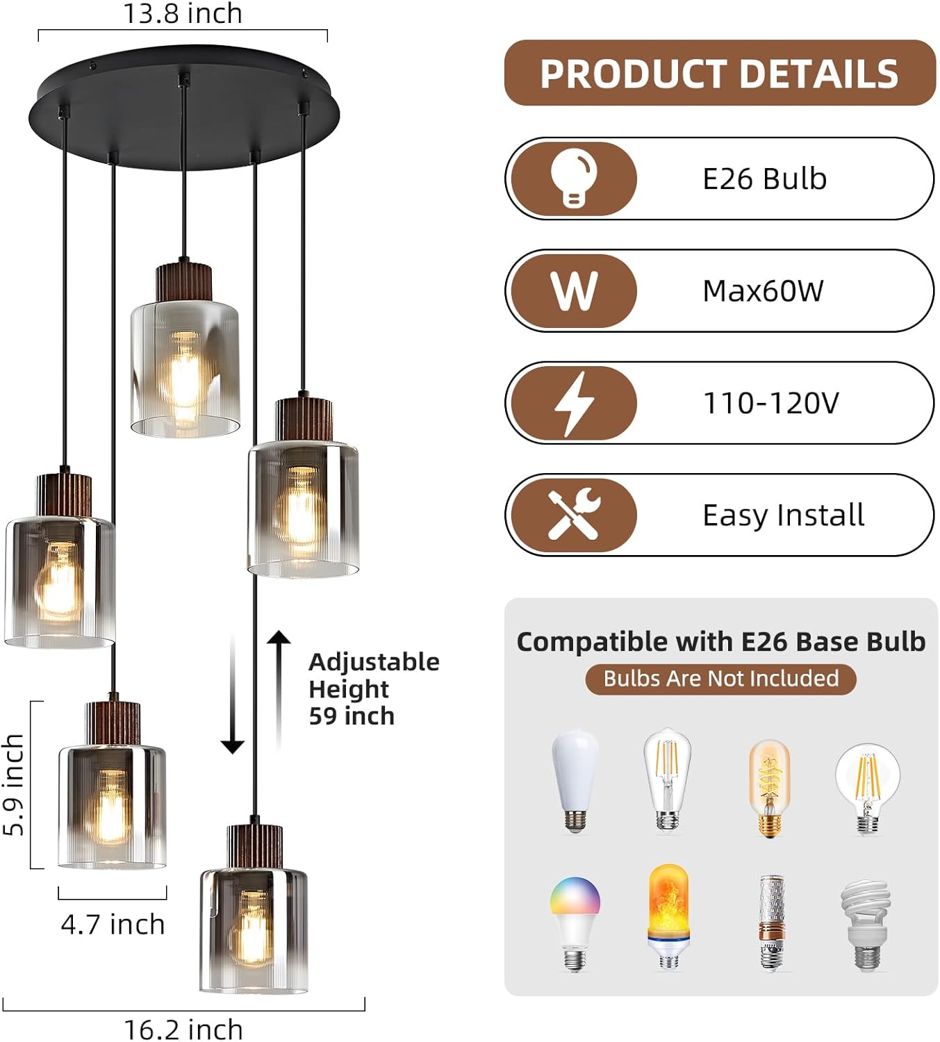 Modern Pendant Light Fixture Black Walnut Wood Chandelier Gray Gradient Glass Shade Kitchen Island Hanging