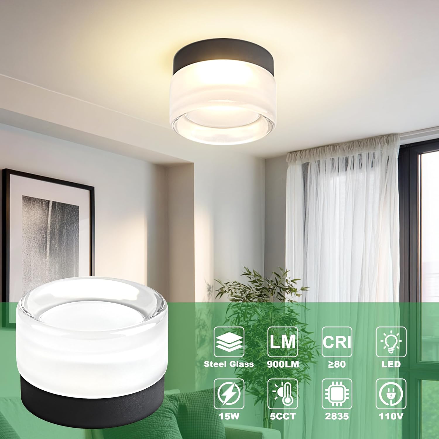 OKELI Modern Glass Ceiling Light Fixture, LED Flush Mount Ceiling Light