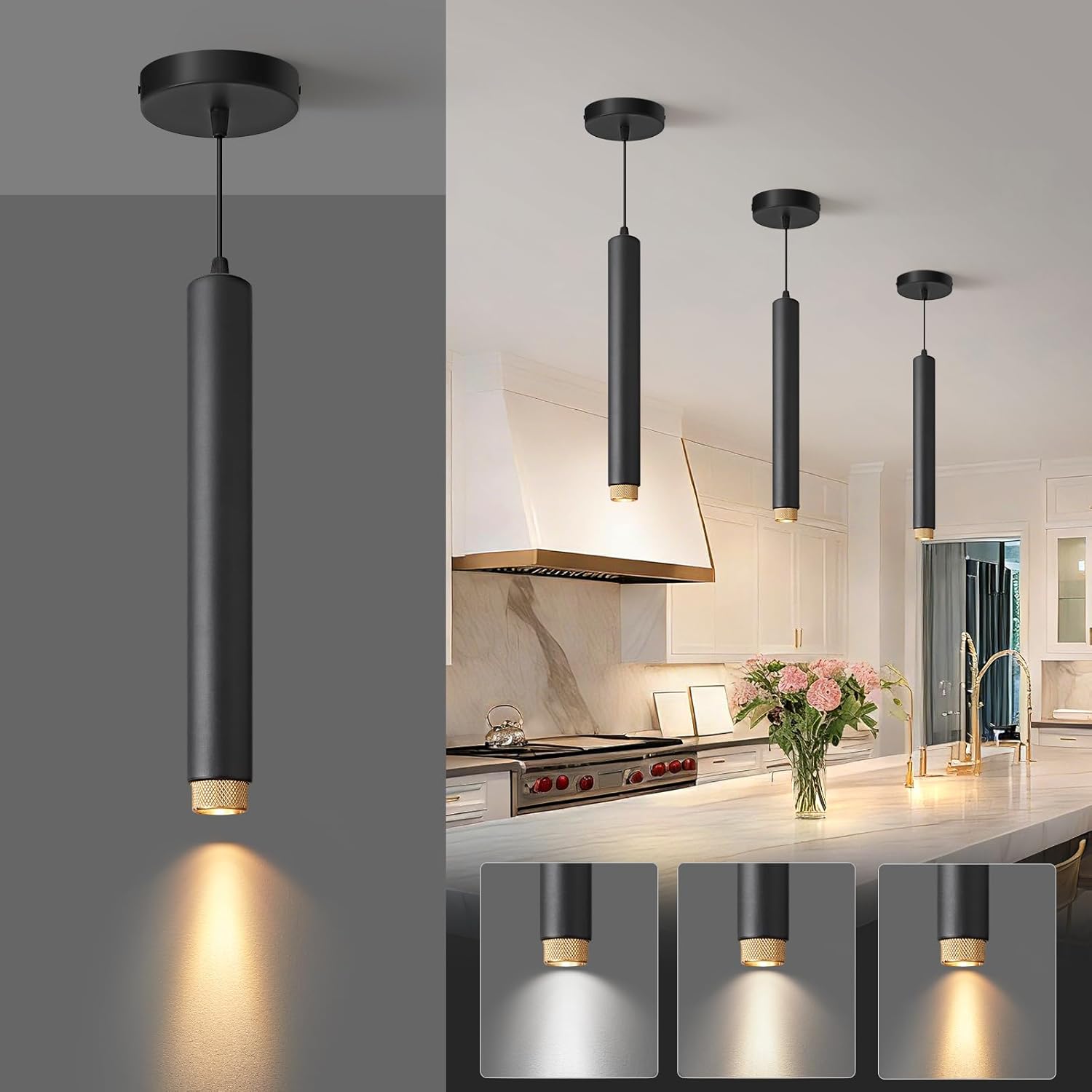OKELI Black LED Pendant Light, 3CCT Dimmable Hanging Light with Adjustable Beam Angle, 7W Modern Cylinder Pendant