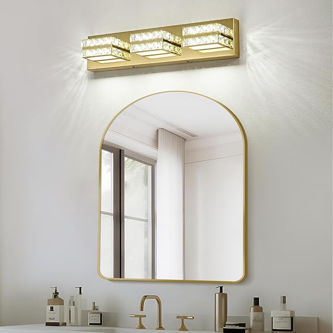 OKELI Crystal LED Bathroom Vanity Light Fixture Gold Over Mirror Modern Indoor 6000K Cold White Dimmable 2-3-4-5Lights 20W ETL Listed
