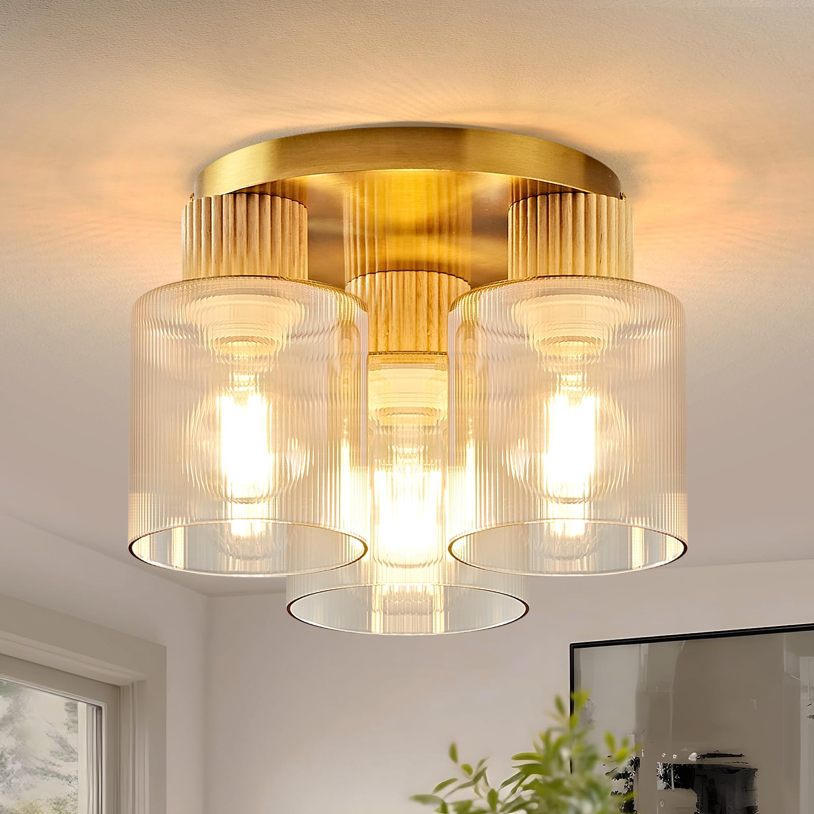 Modern Semi-Flush Mount Ceiling Light with Gray Gradient Glass & Walnut Wood, 3-Light / 5-Light