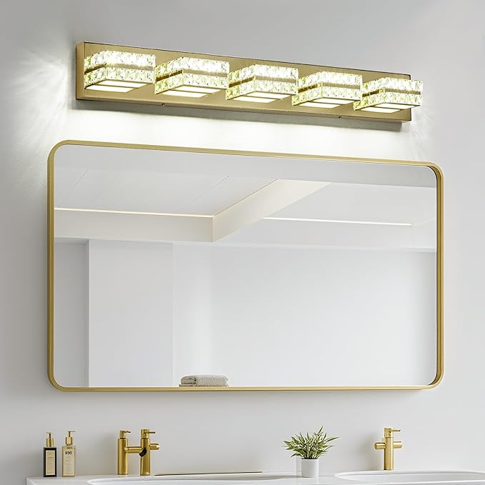 OKELI Crystal LED Bathroom Vanity Light Fixture Gold Over Mirror Modern Indoor 6000K Cold White Dimmable 2-3-4-5Lights 20W ETL Listed