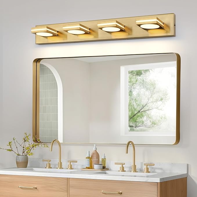 OKELI 4-Light LED Bathroom Vanity Light Fixtures Gold Modern Wall Lighting Fixtures Over Mirror 3CCT 3000K-6000K