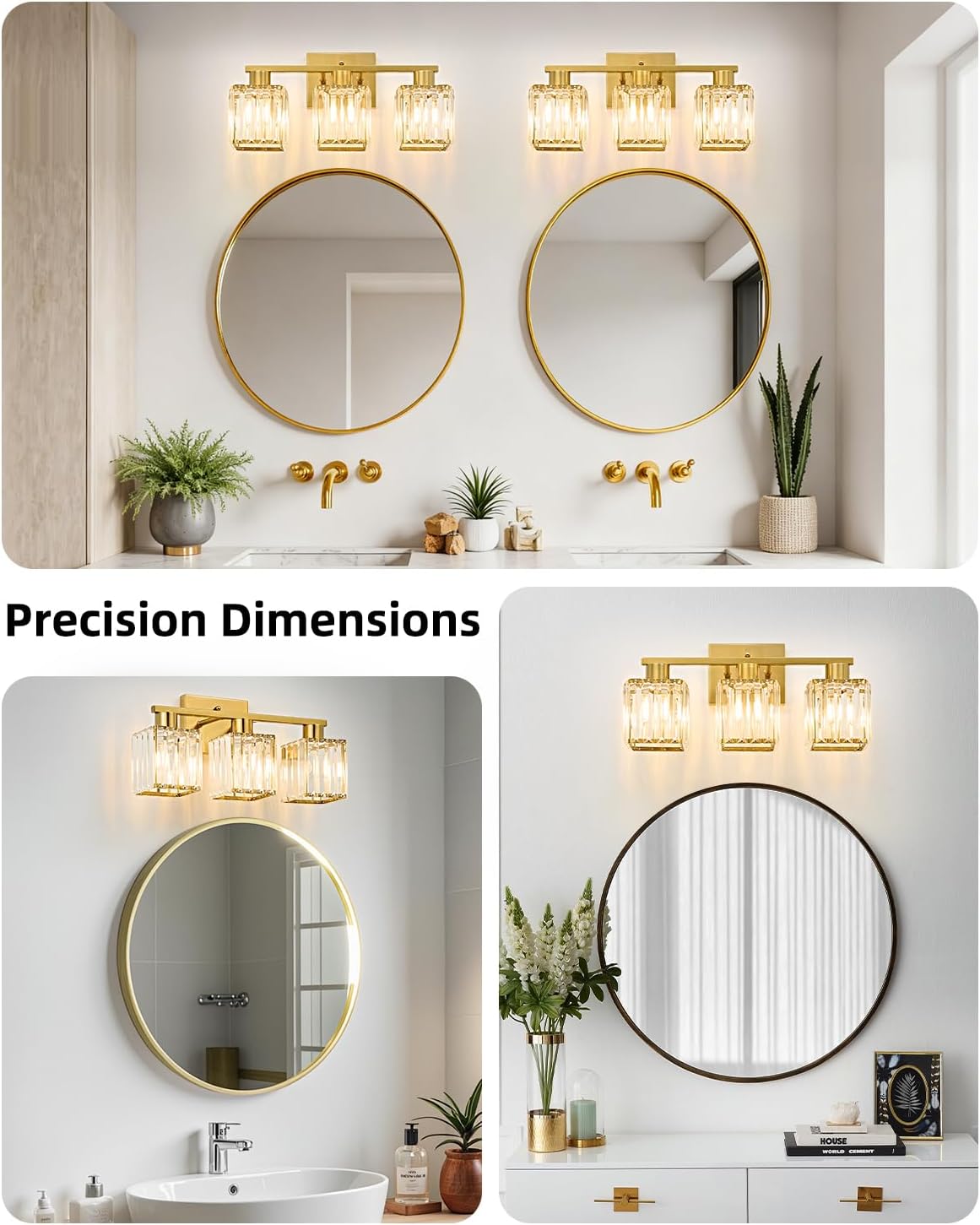 Crystal Vanity Light Fixture | 3 or 4-Light Bathroom Wall Sconce — Gold, Matte Black or Brushed Nickel, ETL Listed Over-Mirror Light