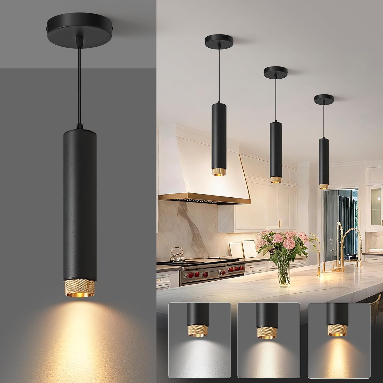OKELI Black LED Pendant Light, 3CCT Dimmable Hanging Light with Adjustable Beam Angle, 7W Modern Cylinder Pendant