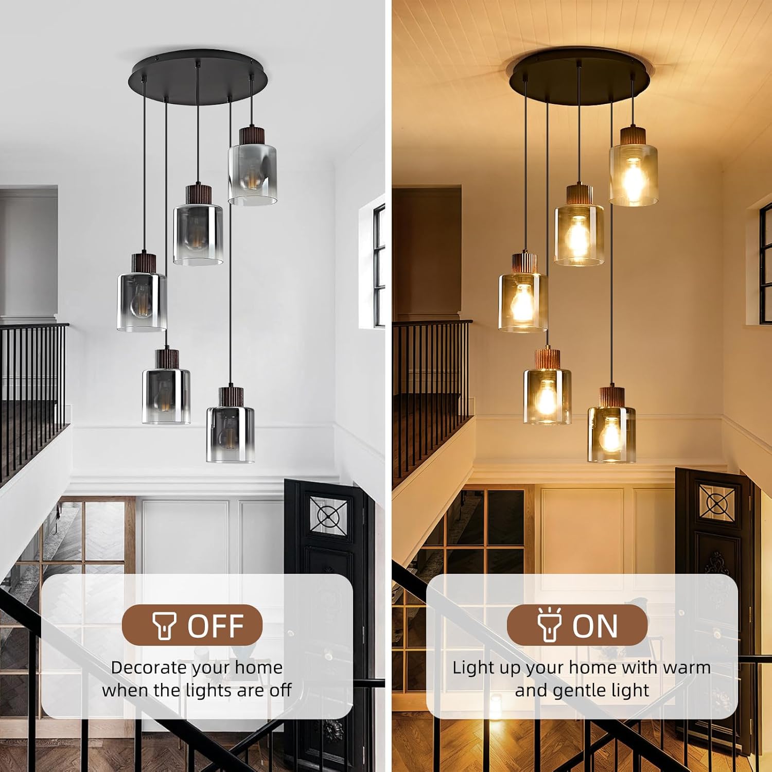 Modern Pendant Light Fixture Black Walnut Wood Chandelier Gray Gradient Glass Shade Kitchen Island Hanging