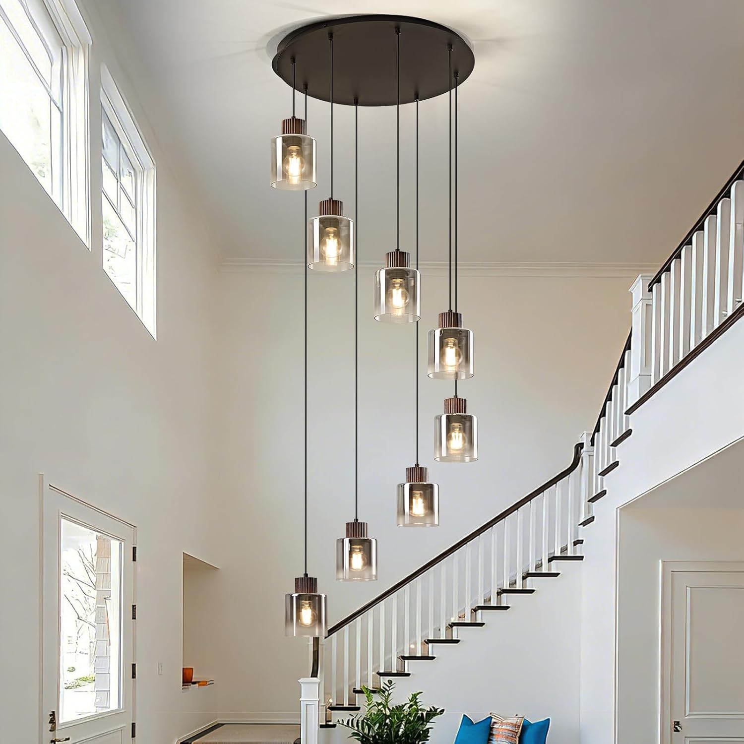 Modern Pendant Light Fixture Black Walnut Wood Chandelier Gray Gradient Glass Shade Kitchen Island Hanging