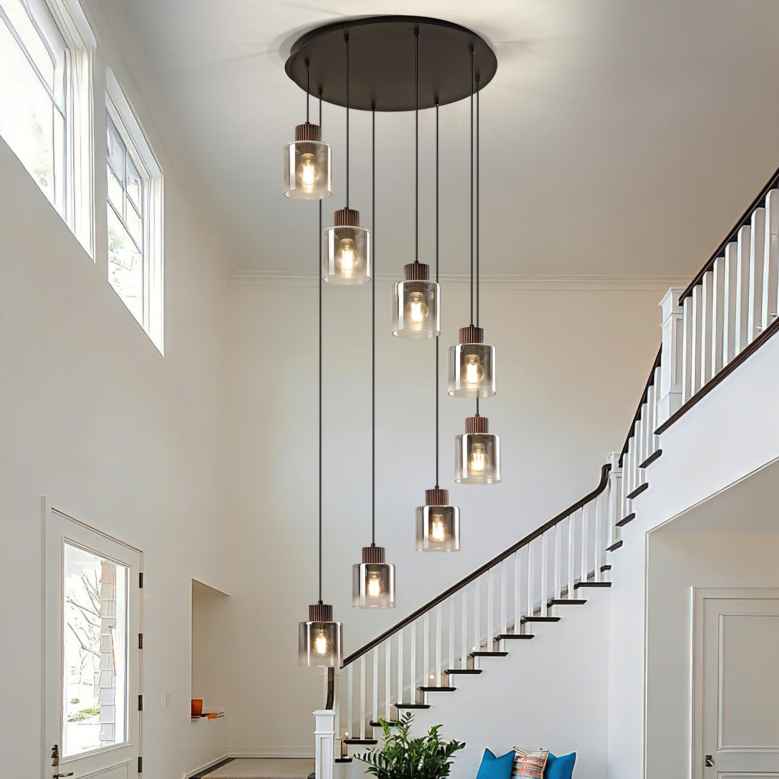 Modern Pendant Light Fixture Black Walnut Wood Chandelier Gray Gradient Glass Shade Kitchen Island Hanging