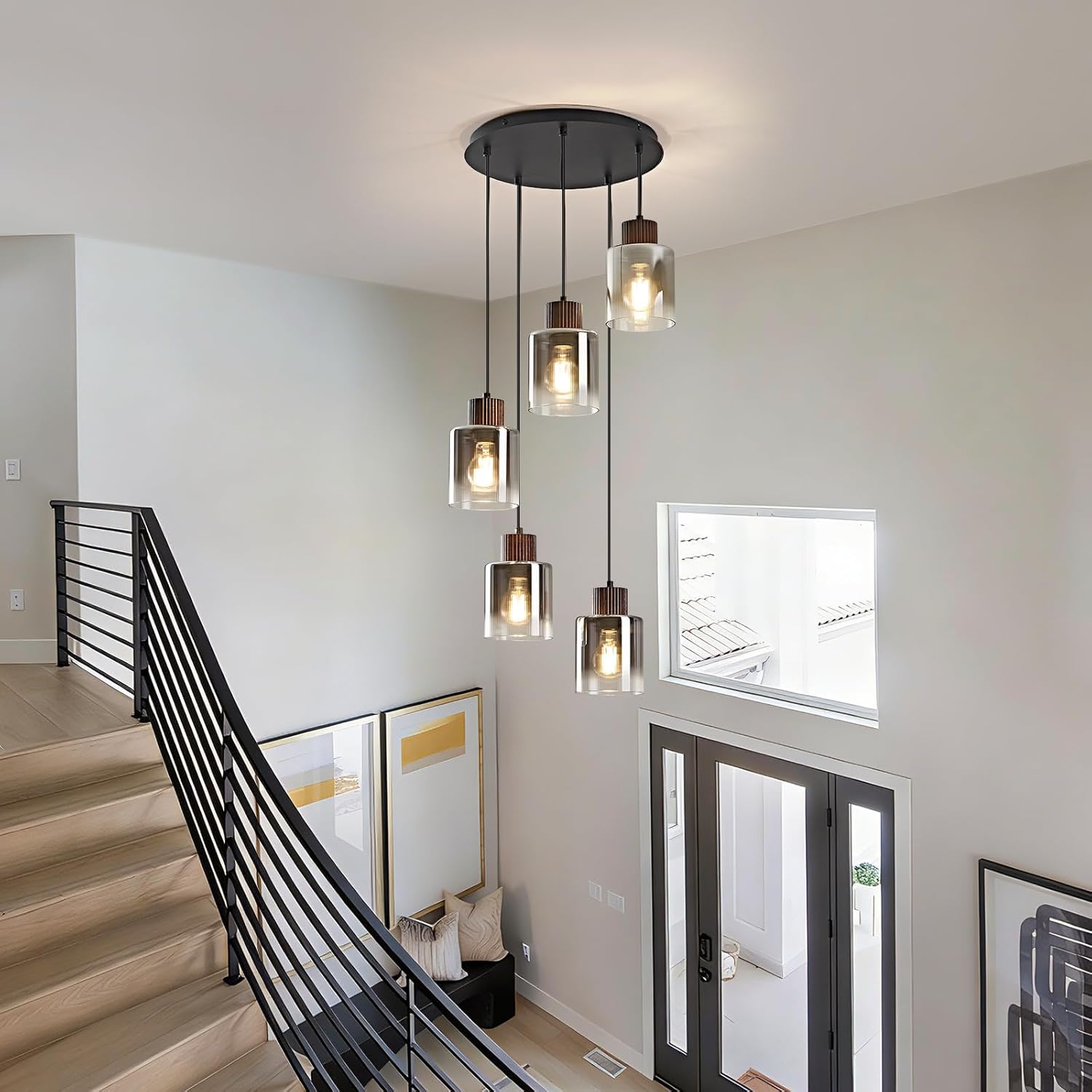 Modern Pendant Light Fixture Black Walnut Wood Chandelier Gray Gradient Glass Shade Kitchen Island Hanging