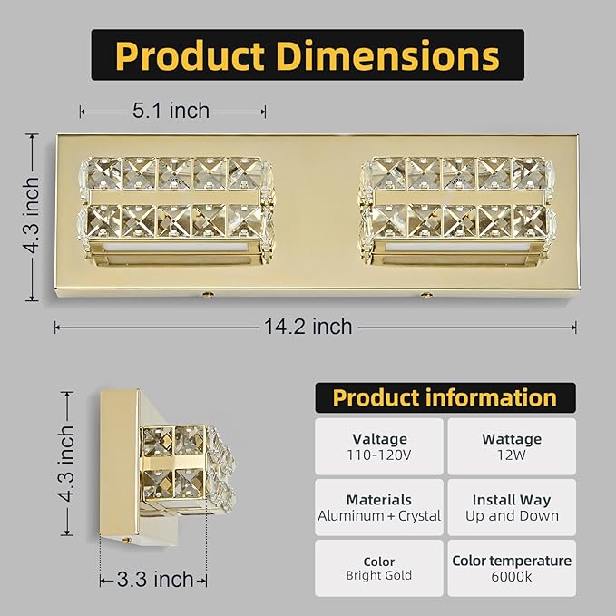 OKELI Crystal LED Bathroom Vanity Light Fixture Gold Over Mirror Modern Indoor 6000K Cold White Dimmable 2-3-4-5Lights 20W ETL Listed