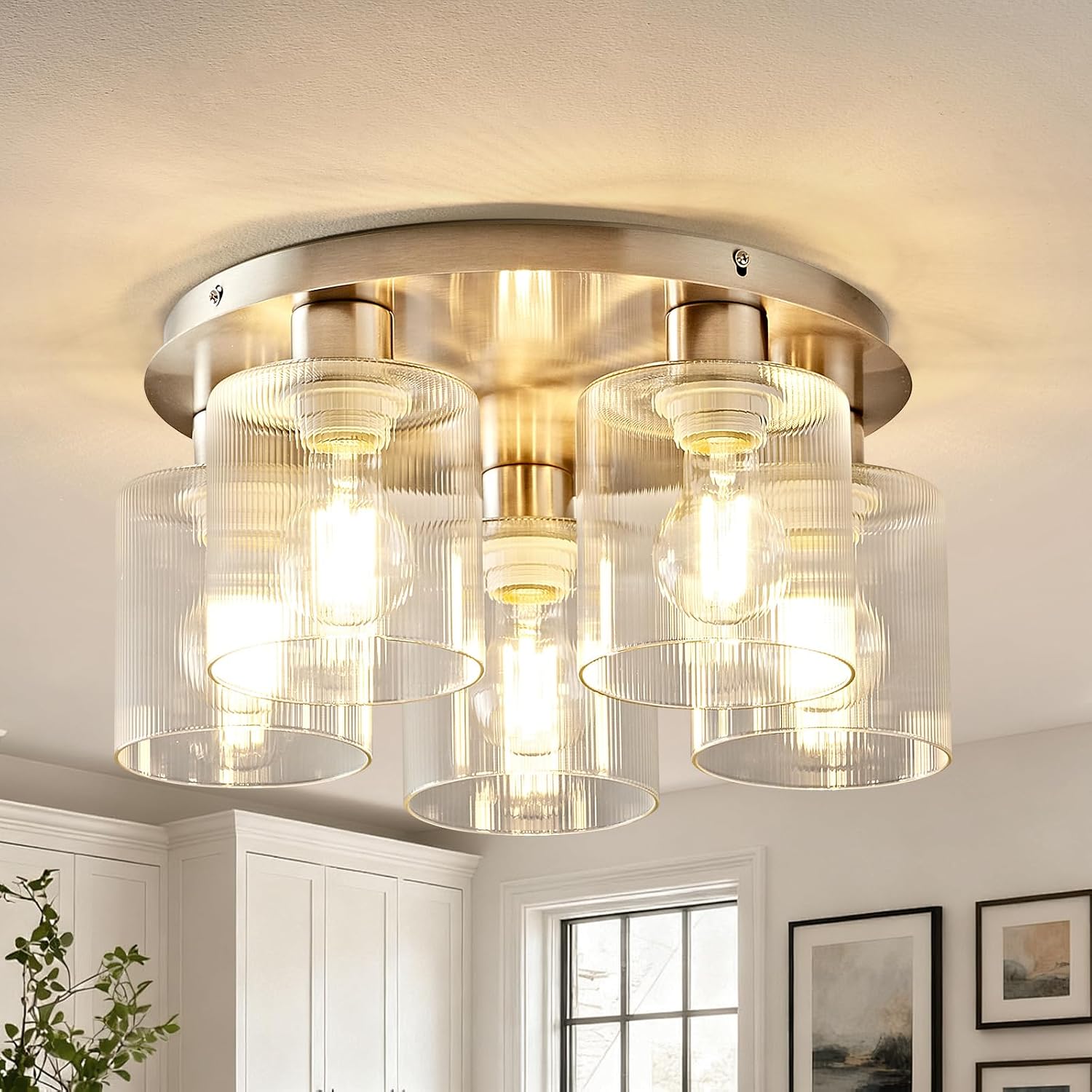 Modern Semi-Flush Mount Ceiling Light with Gray Gradient Glass & Walnut Wood, 3-Light / 5-Light