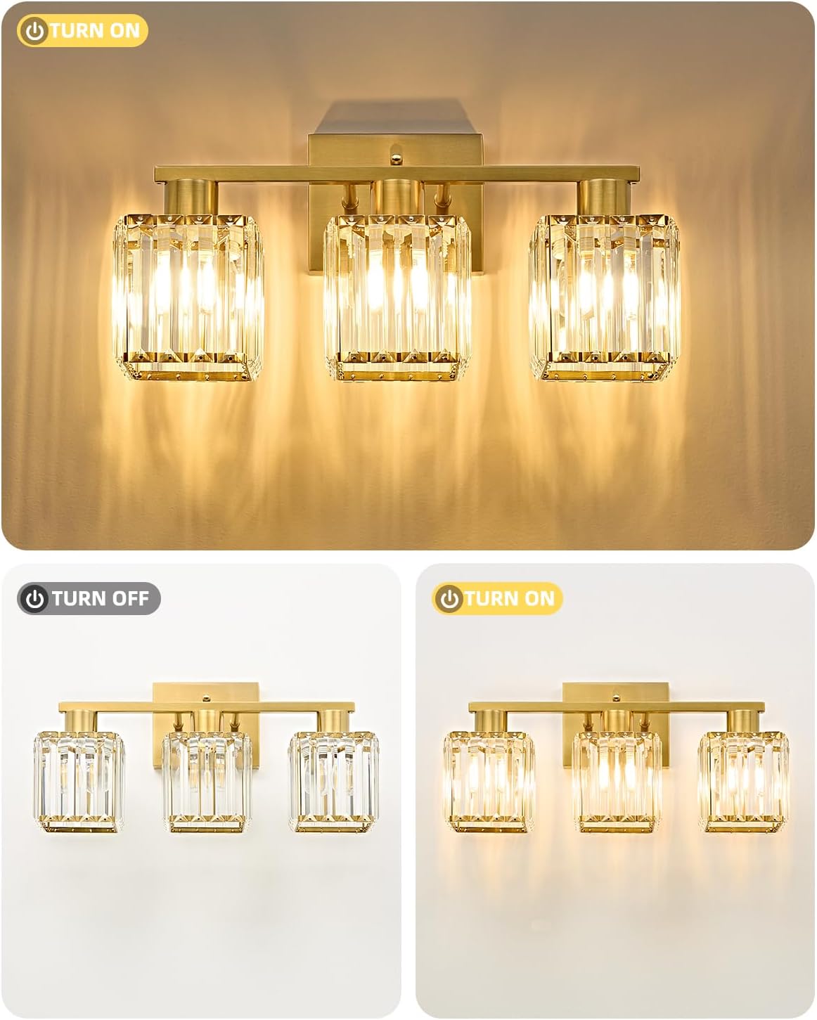 Crystal Vanity Light Fixture | 3 or 4-Light Bathroom Wall Sconce — Gold, Matte Black or Brushed Nickel, ETL Listed Over-Mirror Light