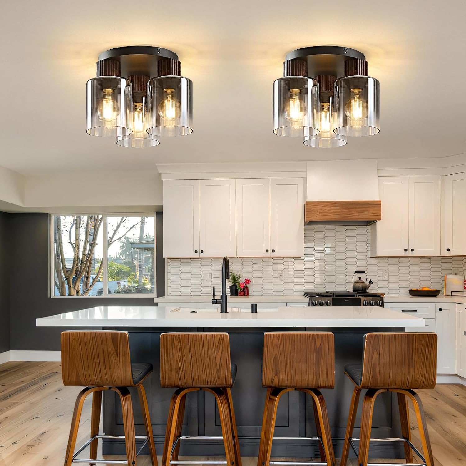 Modern Semi-Flush Mount Ceiling Light with Gray Gradient Glass & Walnut Wood, 3-Light / 5-Light